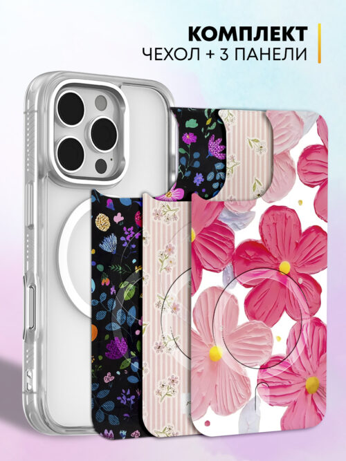 Комплект Cliply для iPhone 16 Pro - прозрачный чехол + 3 панели - Цветы